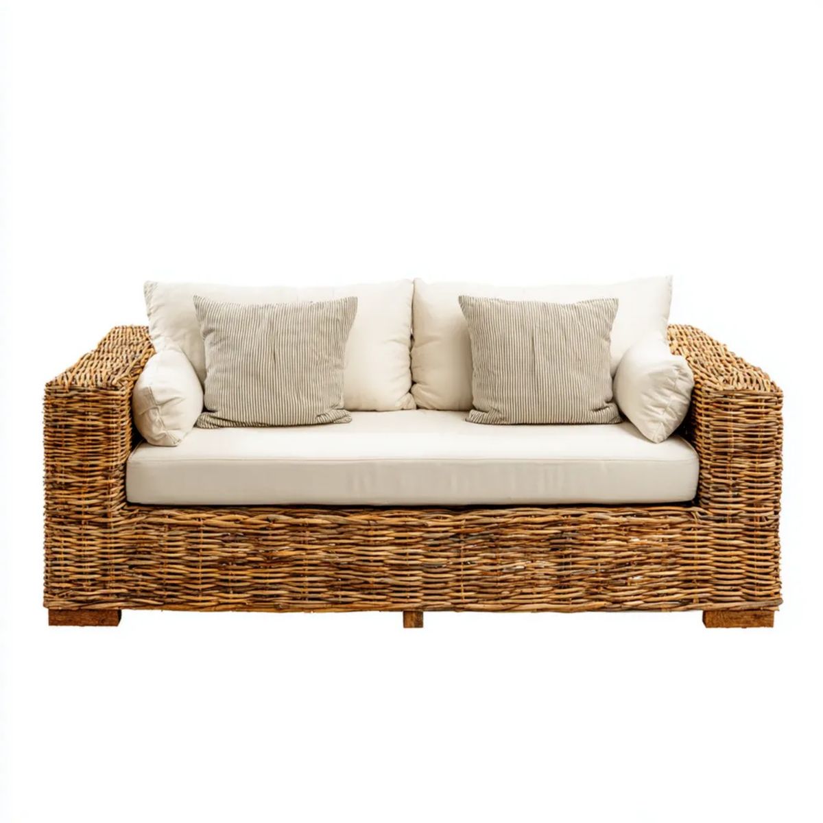 Dwuosobowa sofa ogrodowa z naturalnego rattanu, beżowo-kremowa, 150 x 80 x 85 cm