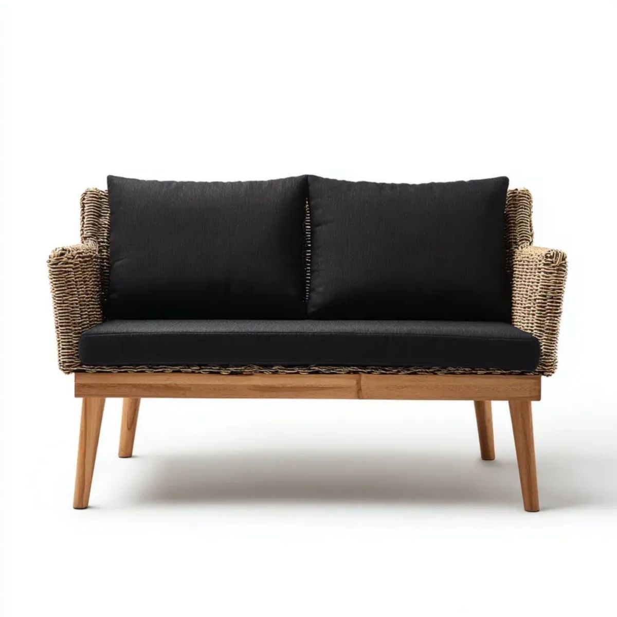 Dwuosobowa sofa ogrodowa z rattanu i drewna akacjowego, czarna/naturalny beż/brązowa, 120 × 70 × 80 cm
