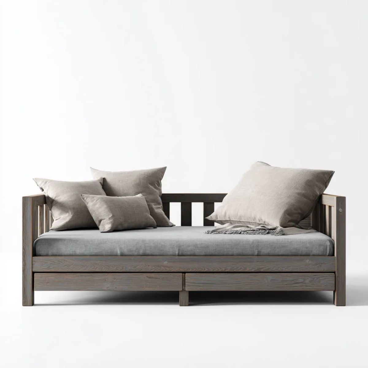 2-osobowa sofa z litego drewna sosnowego z materacem i 2 szufladami, szaro-ciemnobrązowa, 208 x 96 x 80 cm