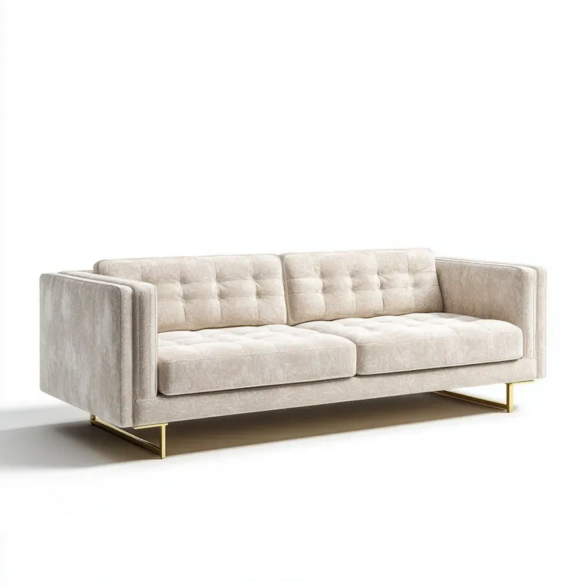 Trzyosobowa sofa beżowa z aksamitu, 220 × 90 × 78 cm, ze złotymi metalowymi nogami