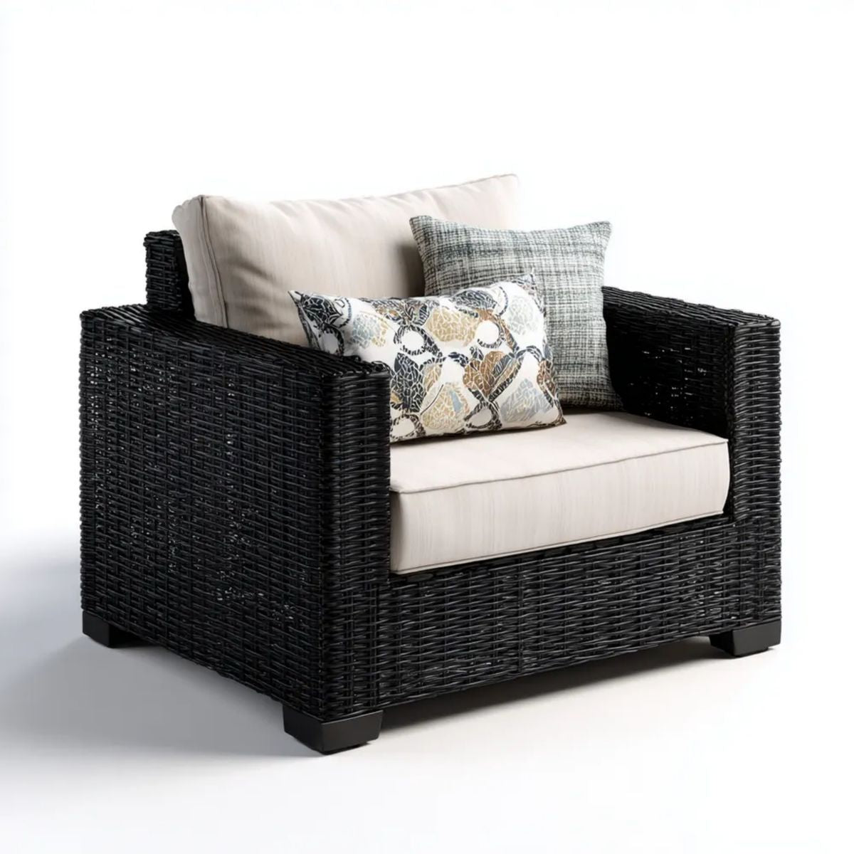 Fotel ogrodowy z technorattanu z poduszkami, czarny/kremowy, 110 × 90 × 85 cm