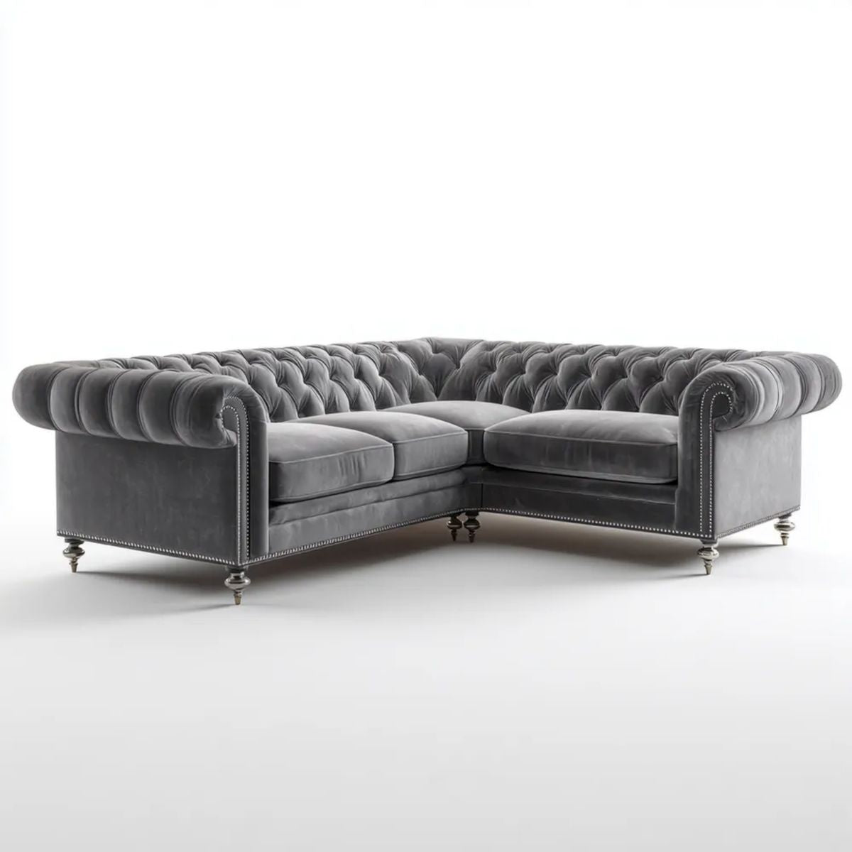 Narożnik Chesterfield w kształcie L z tkaniny aksamitnej, ciemnoszary, 280 × 280 × 75 cm