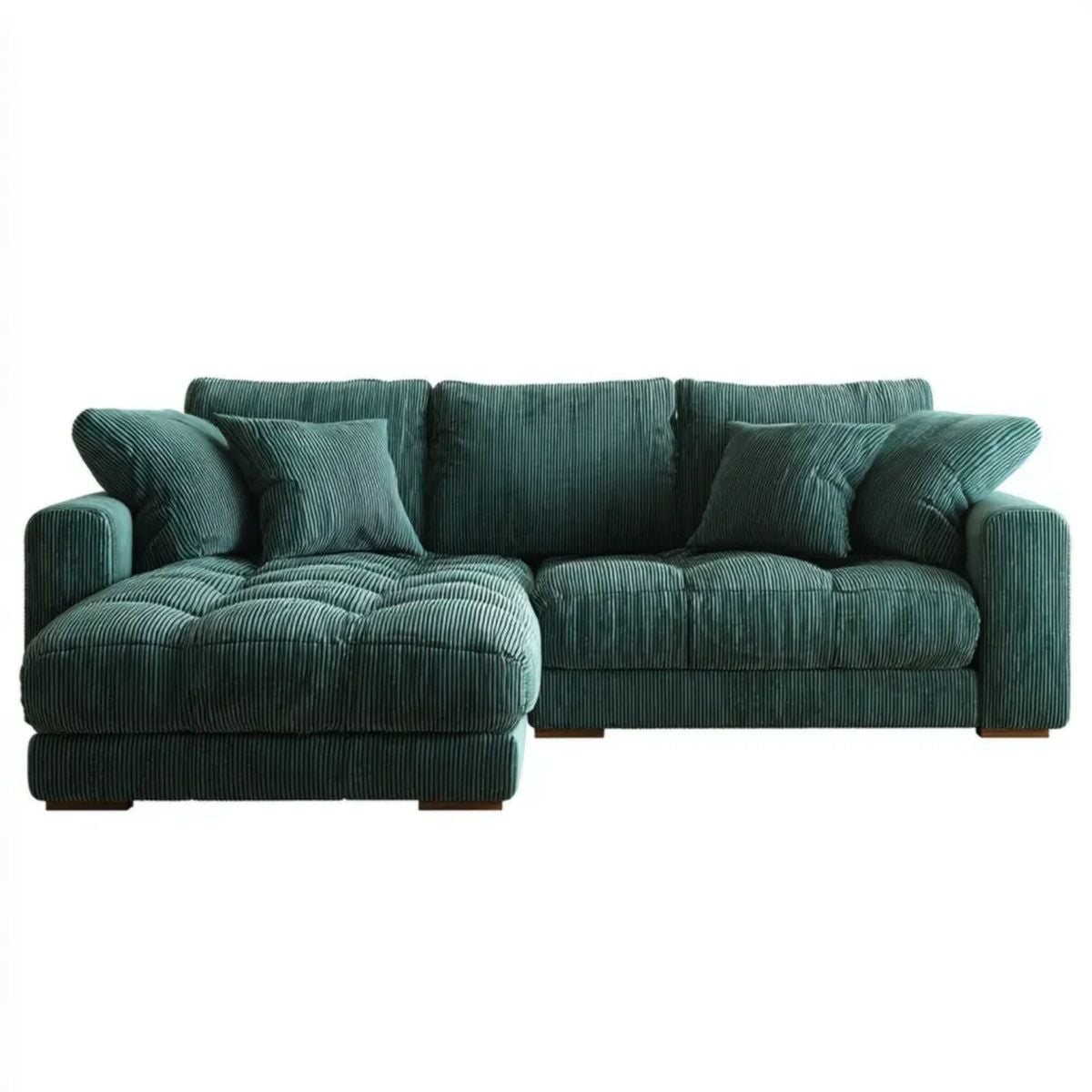 Zielona sofa narożna ze sztruksu poliestrowego z lewostronnym szezlongiem, 230 × 150 × 85 cm, kształt L