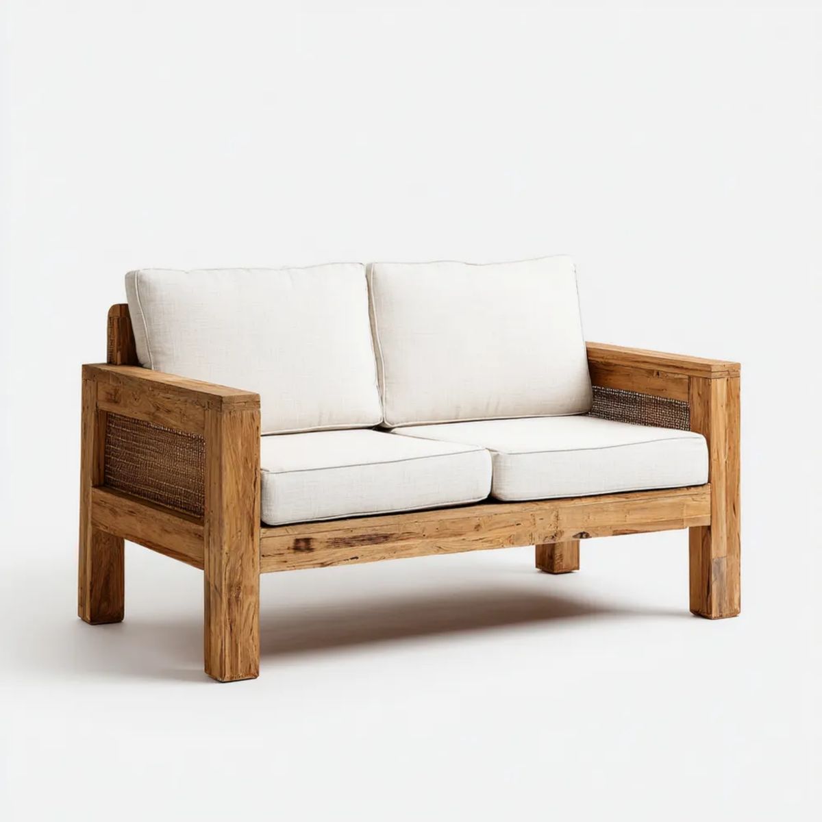 Dwuosobowa sofa kremowa z litego drewna i rattanu, 140 x 78 x 82 cm