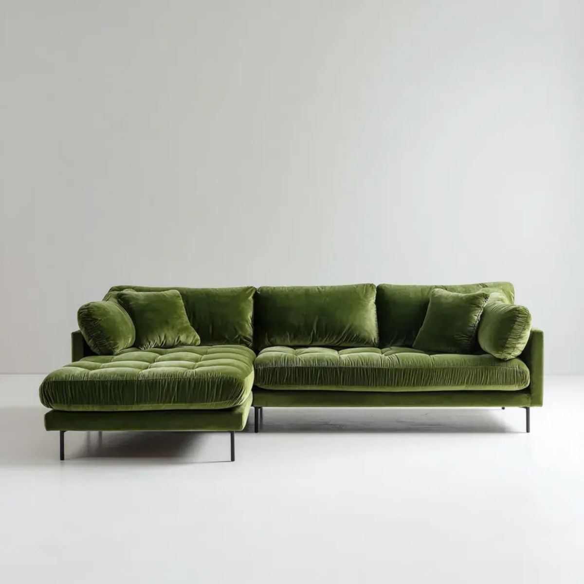 Oliwkowozielona sofa narożna z szezlongiem z aksamitu poliestrowego, 280 × 165 × 78 cm