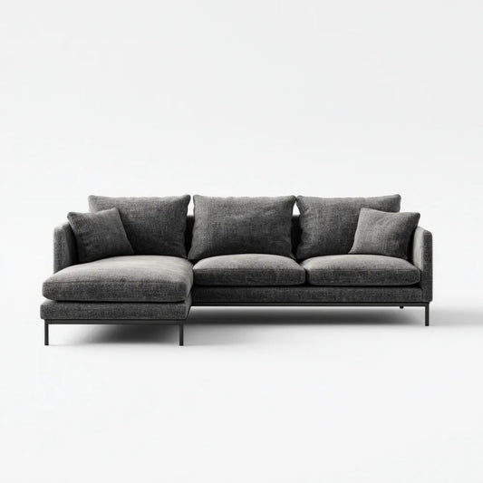 Grafitowa sofa narożna w kształcie L z lewostronnym szezlongiem, tapicerowana poliestrem, 280 x 160 x 82 cm