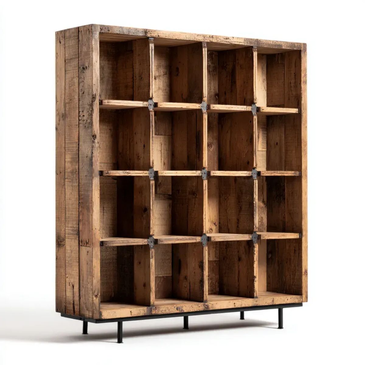 Regał biblioteczka z litego drewna sosnowego brązowo-czarny 120 x 35 x 160 cm, 16 wnęk