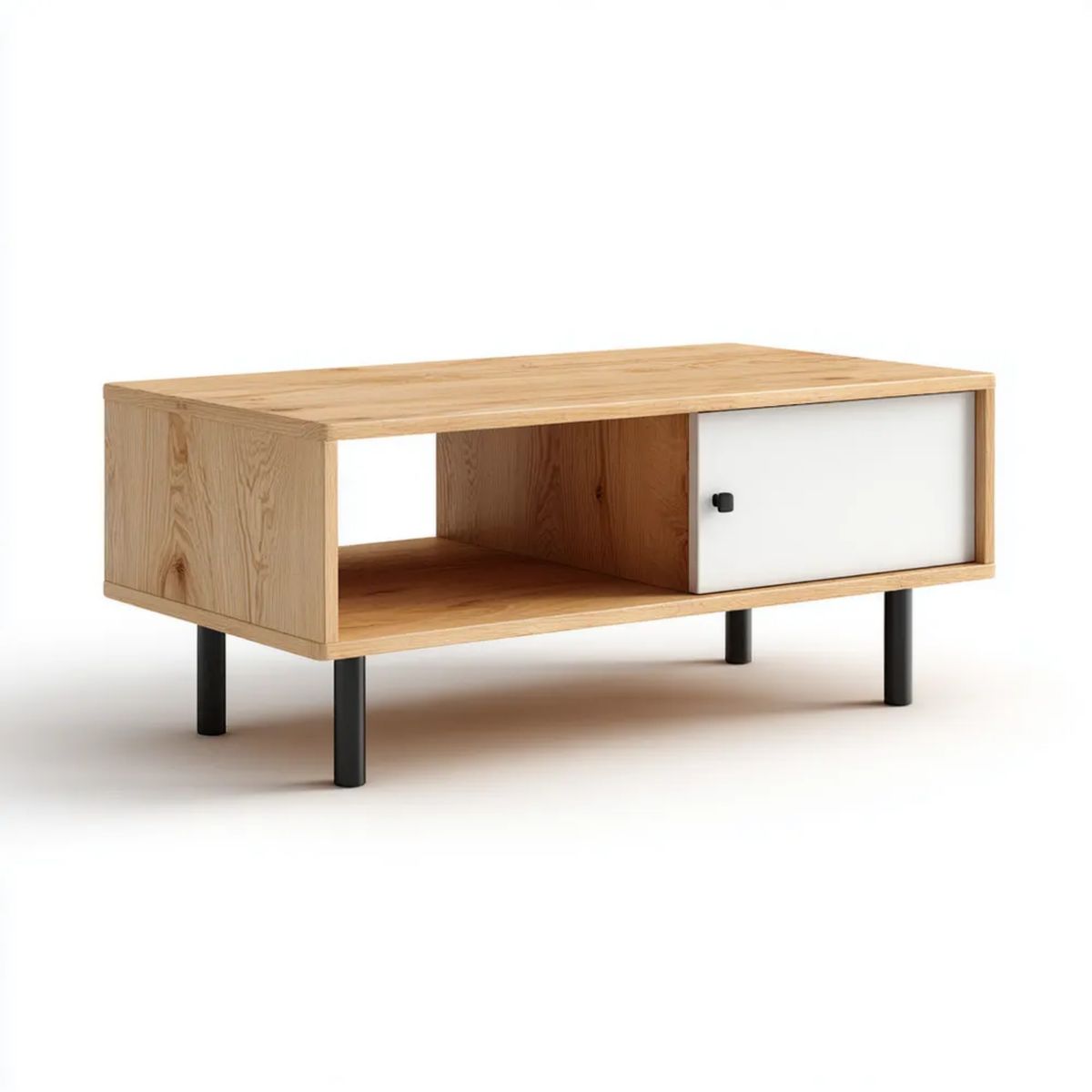 Prostokątny stolik kawowy z szafką, dąb fornirowany MDF i stal, 120 × 60 × 45 cm, biały