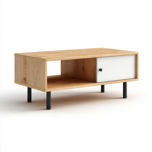 Prostokątny stolik kawowy z szafką, dąb fornirowany MDF i stal, 120 × 60 × 45 cm, biały