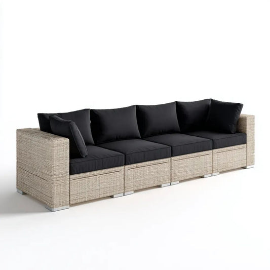 4-osobowa sofa ogrodowa z technorattanu beżowo-czarna z poduszkami, 280 × 70 × 63 cm