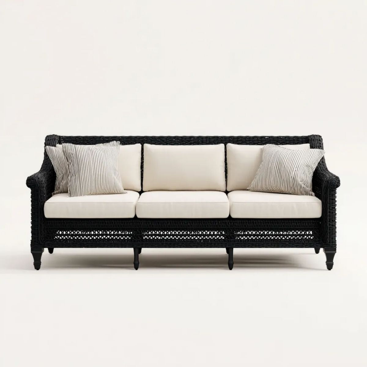Trzyosobowa sofa ogrodowa z technorattanu, czarno-kremowa, 220 x 85 x 90 cm