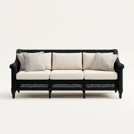 Trzyosobowa sofa ogrodowa z technorattanu, czarno-kremowa, 220 x 85 x 90 cm