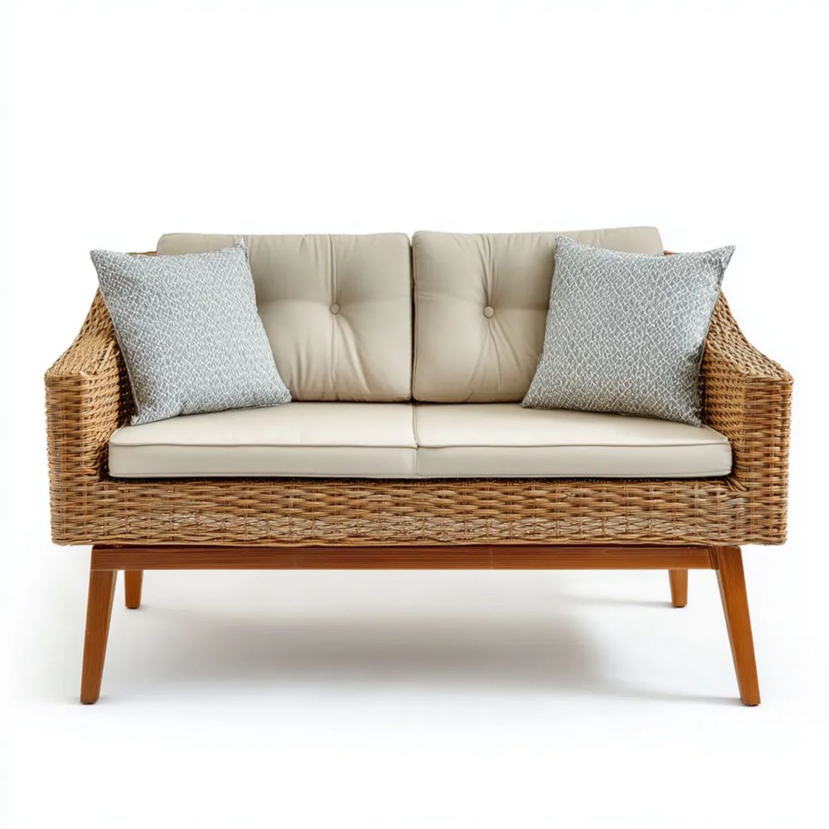 Dwuosobowa sofa ogrodowa rattanowa z drewnianymi nogami, beżowa, 130 x 75 x 80 cm