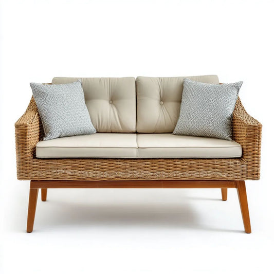 Dwuosobowa sofa ogrodowa rattanowa z drewnianymi nogami, beżowa, 130 x 75 x 80 cm