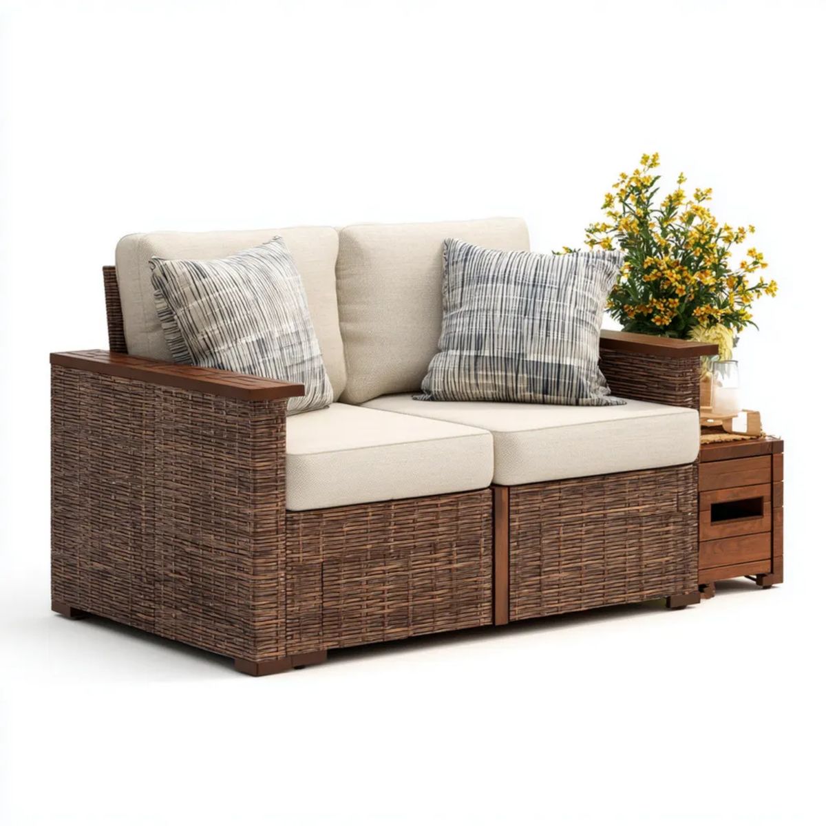 Dwuosobowa sofa ogrodowa z bocznym stolikiem i schowkiem, brązowa z technorattanu PE, 160 x 75 x 78 cm