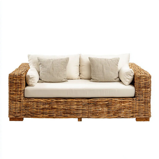Dwuosobowa sofa ogrodowa z naturalnego rattanu, beżowo-kremowa, 150 x 80 x 85 cm