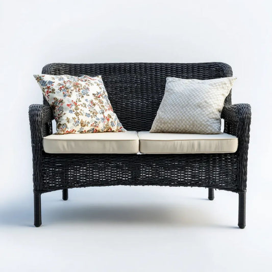Dwuosobowa sofa ogrodowa z czarnego technorattanu z kremowymi poduszkami, 125 x 70 x 85 cm