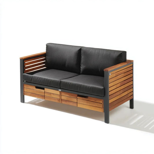 Dwuosobowa sofa ogrodowa brązowo-czarna z drewna i stali, 150 x 75 x 75 cm