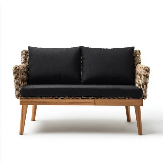 Dwuosobowa sofa ogrodowa z rattanu i drewna akacjowego, czarna/naturalny beż/brązowa, 120 × 70 × 80 cm
