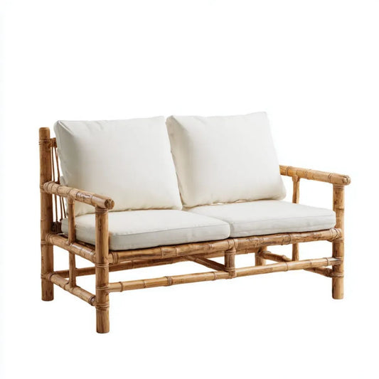 Dwuosobowa sofa ogrodowa z bambusa z białymi poduszkami, 120 x 75 x 80 cm