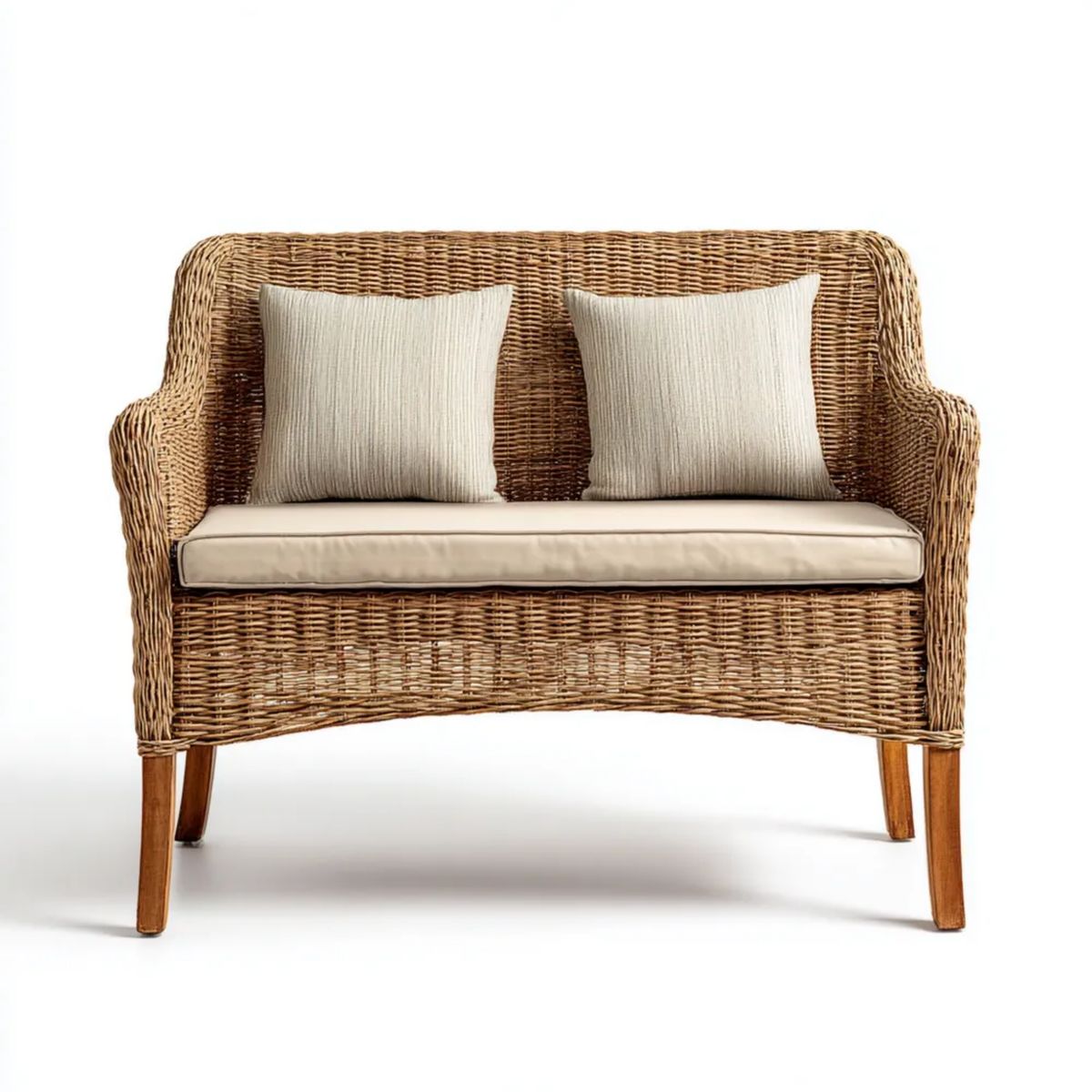 Dwuosobowa sofa ogrodowa z rattanu i drewna, naturalny brąz/beż, 120 x 70 x 85 cm