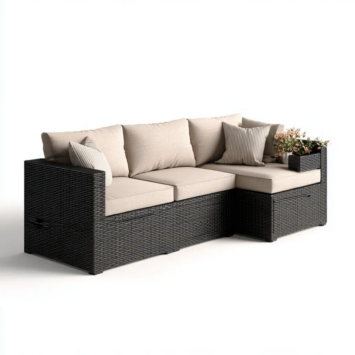 3-osobowa narożna sofa ogrodowa z technorattanu czarna z beżowymi poduszkami, 220 × 150 × 85 cm