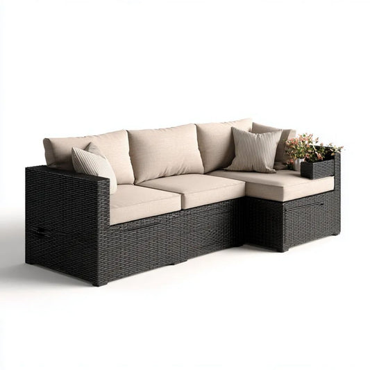 3-osobowa narożna sofa ogrodowa z technorattanu czarna z beżowymi poduszkami, 220 × 150 × 85 cm
