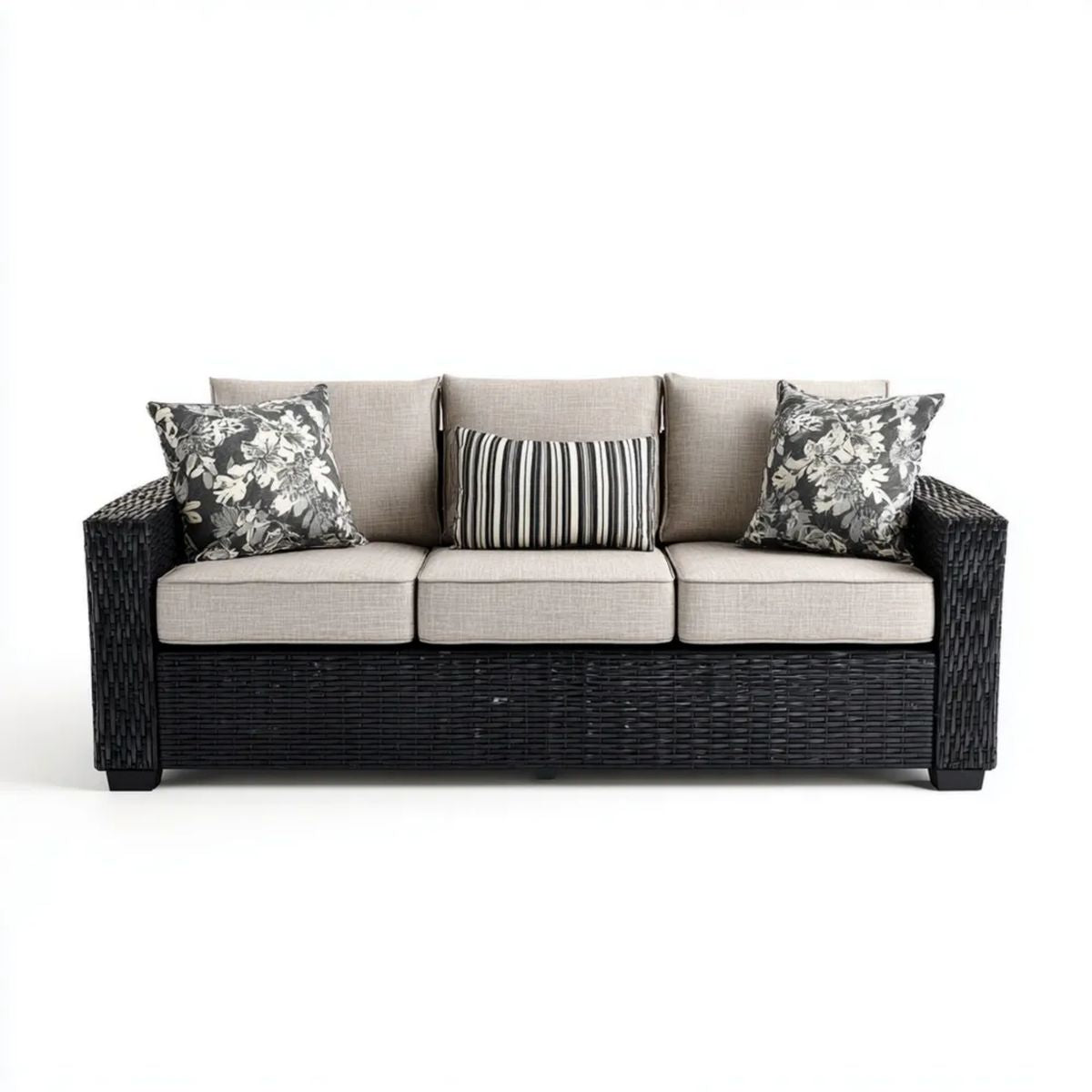 3-osobowa sofa ogrodowa z technorattanu PE, czarna z beżowymi poduszkami, 200 x 75 x 85 cm