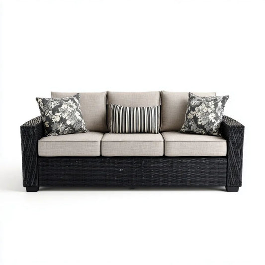 3-osobowa sofa ogrodowa z technorattanu PE, czarna z beżowymi poduszkami, 200 x 75 x 85 cm