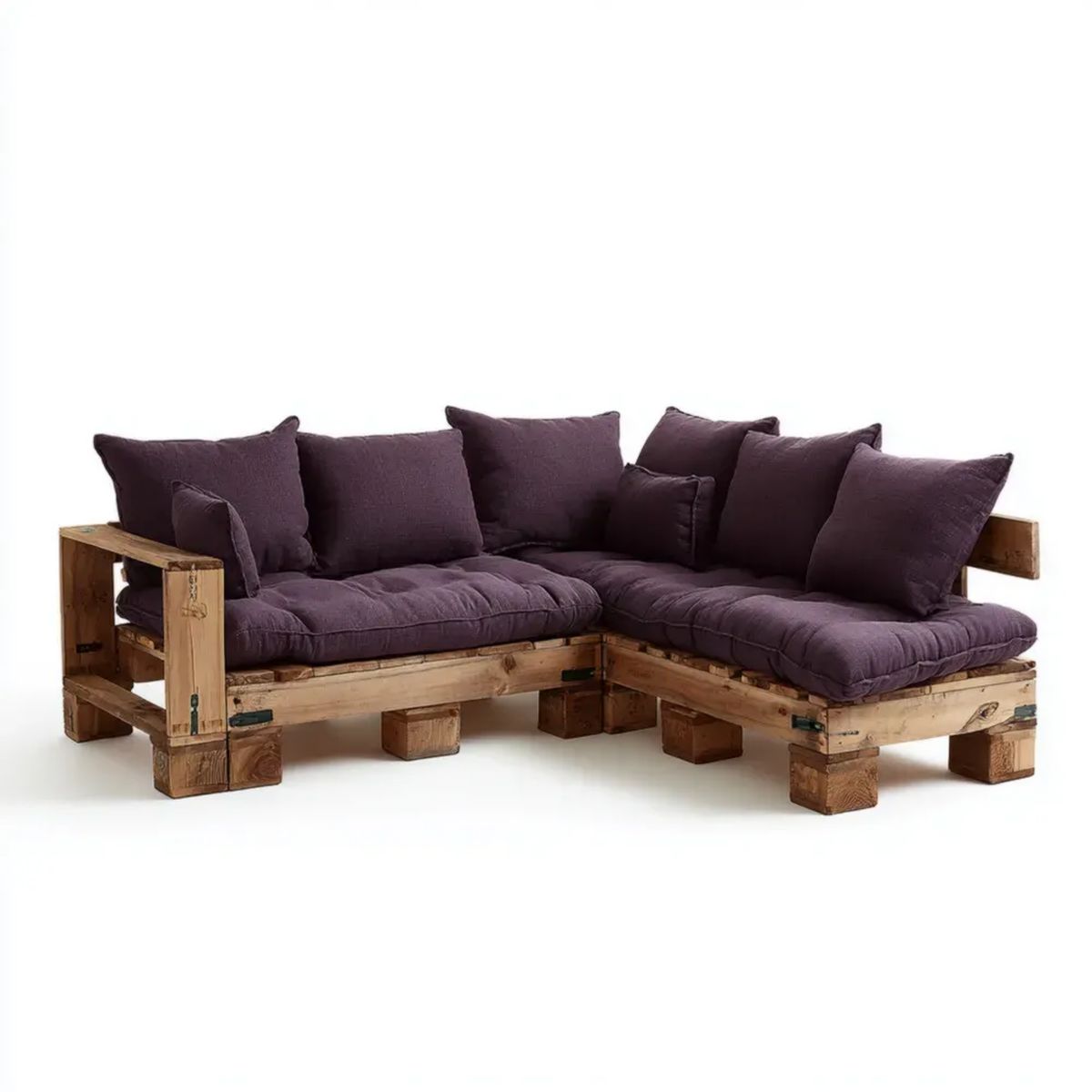Ogrodowa narożna sofa z palet z drewna sosnowego, naturalny brąz i ciemny fiolet, 200 x 120 x 75 cm