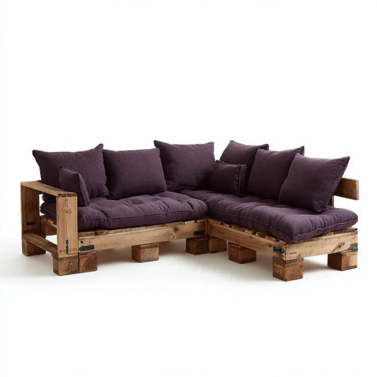 Ogrodowa narożna sofa z palet z drewna sosnowego, naturalny brąz i ciemny fiolet, 200 x 120 x 75 cm