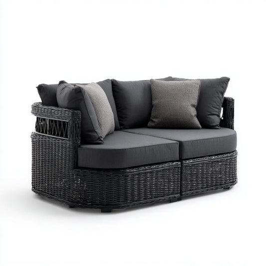 Dwuosobowa półokrągła sofa ogrodowa z technorattanu, czarno-grafitowa, z poduszkami, 140 x 80 x 85 cm