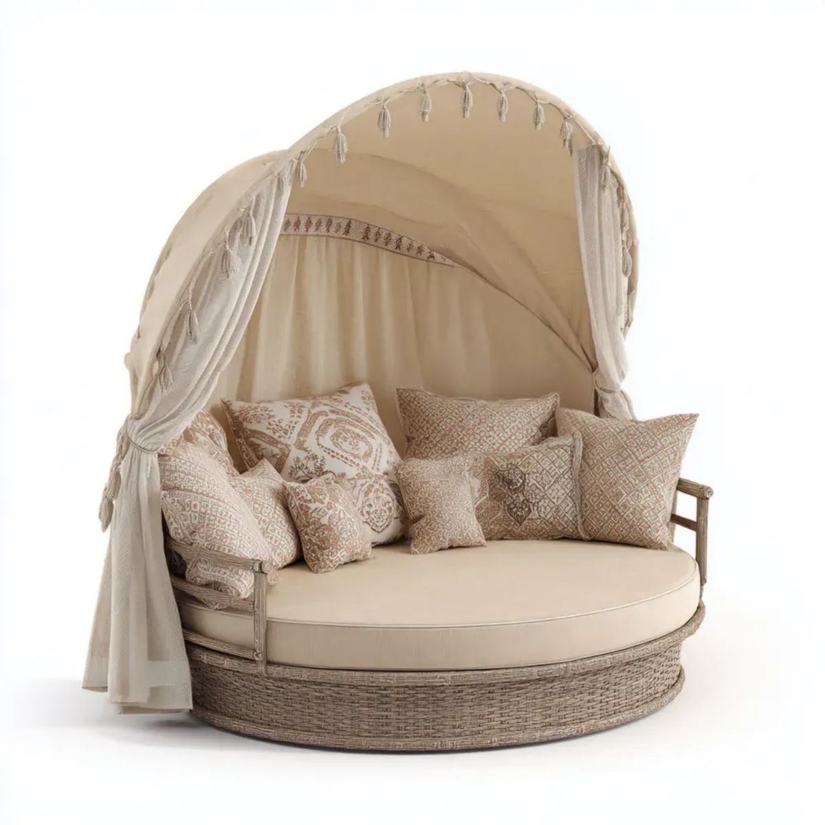 Owalna sofa ogrodowa z baldachimem z technorattanu i poliestru, beżowo-brązowa, 180 × 100 × 180 cm