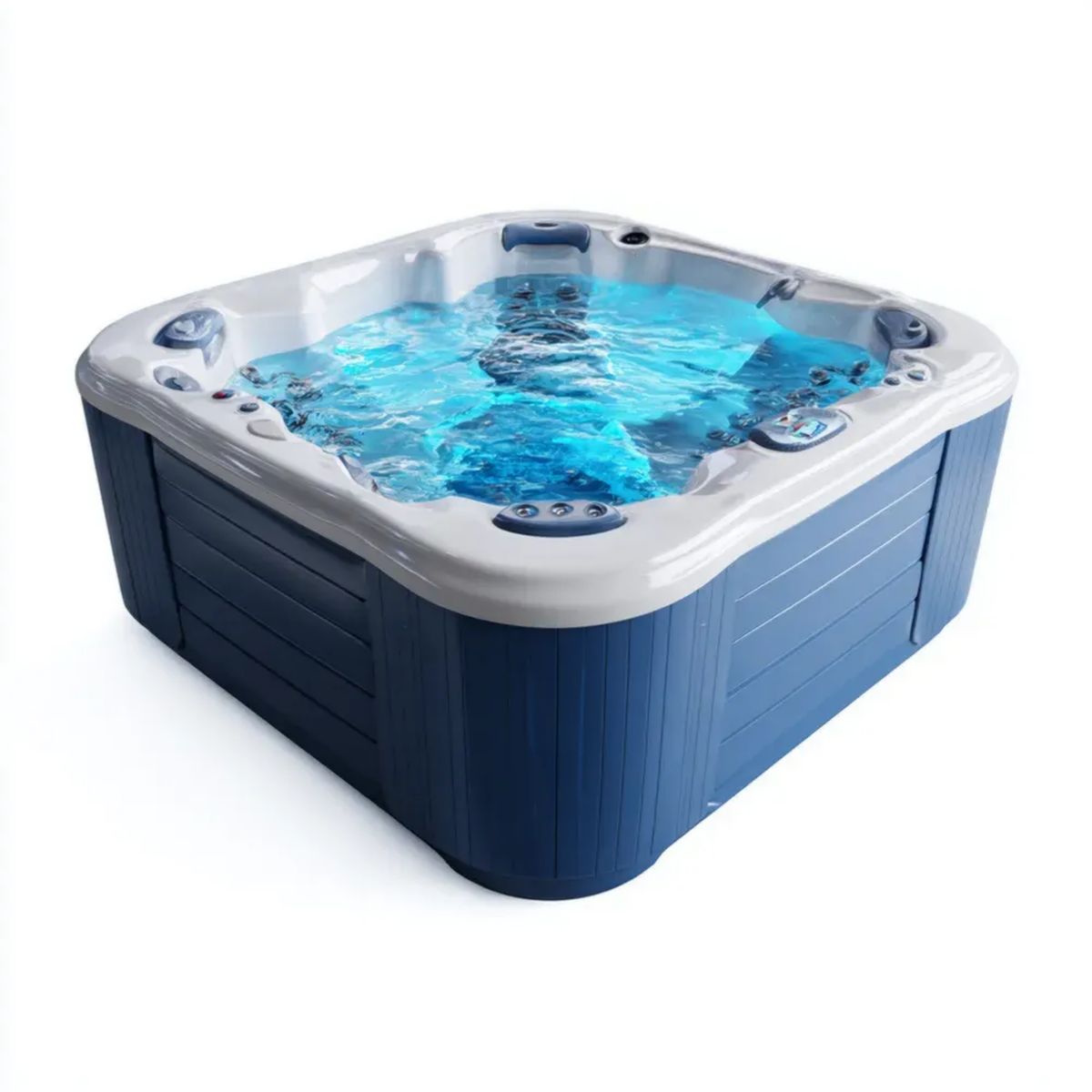 Kwadratowa wanna spa z hydromasażem akrylowa biało-granatowa 210 x 210 x 90 cm