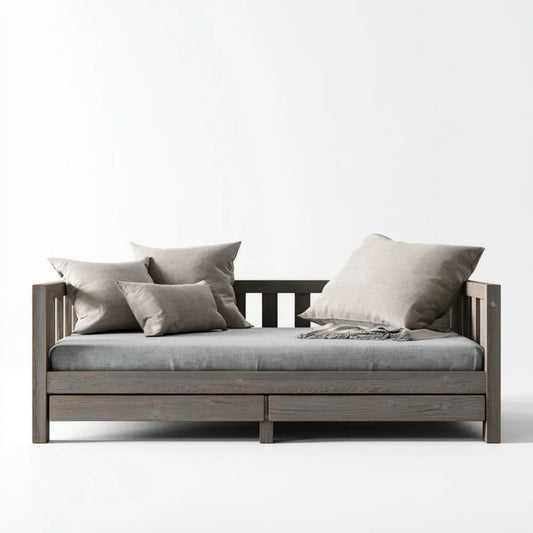 2-osobowa sofa z litego drewna sosnowego z materacem i 2 szufladami, szaro-ciemnobrązowa, 208 x 96 x 80 cm
