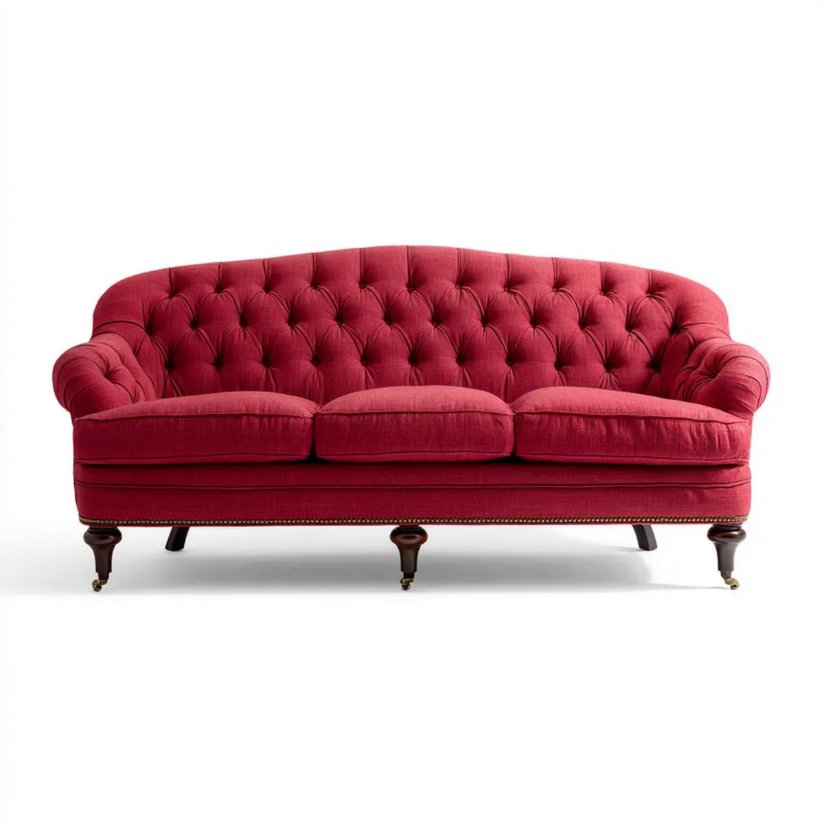 Trzyosobowa sofa Chesterfield z aksamitu poliestrowego, ciemnoczerwona z ciemnobrązowymi nogami, 220 × 90 × 80 cm