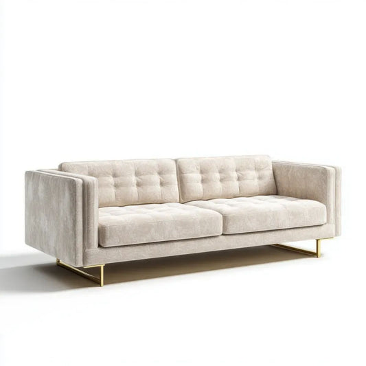 Trzyosobowa sofa beżowa z aksamitu, 220 × 90 × 78 cm, ze złotymi metalowymi nogami