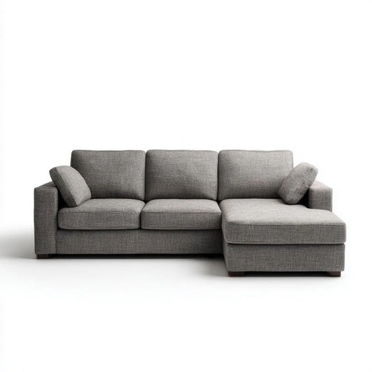 Szara sofa narożna z prawostronnym szezlongiem z poliestru 250 × 160 × 85 cm