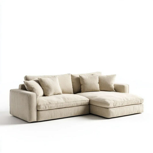 Kremowa sofa narożna w kształcie L z prawostronnym szezlongiem, tapicerka poliestrowa, 260 × 170 × 85 cm