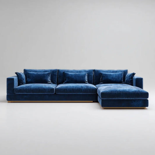 Prawostronna sofa narożna w kształcie L z aksamitu poliestrowego, granatowo-złota, 300 × 170 × 78 cm