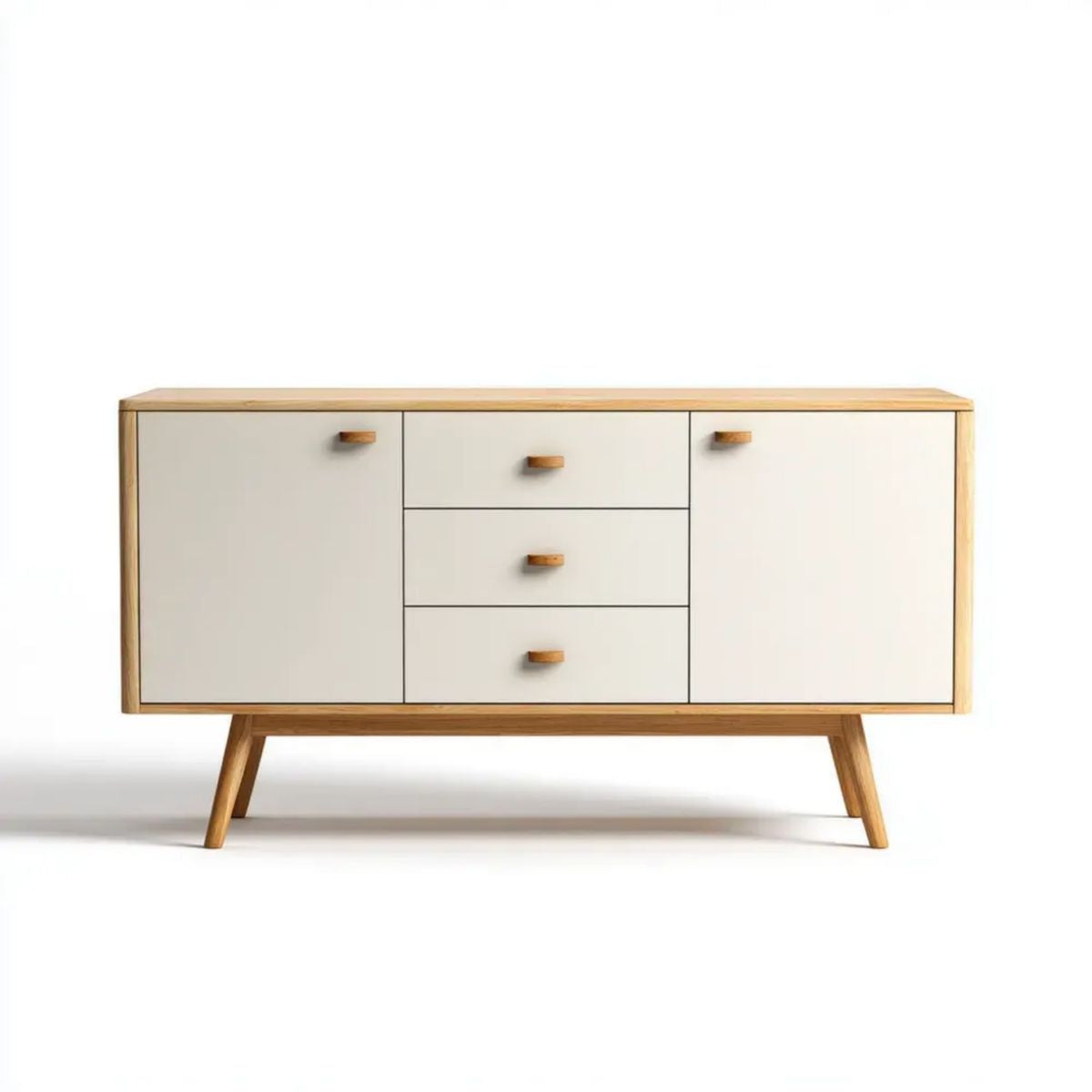 Biała komoda do wnętrz z MDF i forniru dębowego, 2 drzwi, 3 szuflady, 160 × 40 × 85 cm