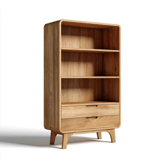 Regał biblioteczka z litego drewna dębowego, naturalny dąb, 80 × 40 × 180 cm, 3 półki i 2 szuflady
