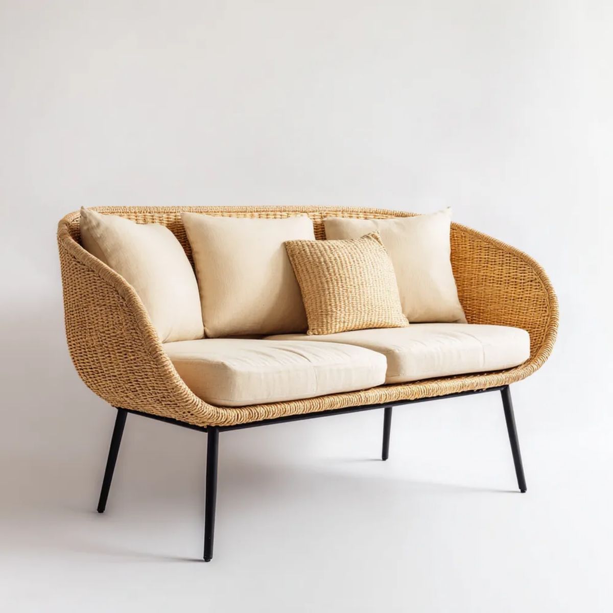 2-osobowa sofa ogrodowa z technorattanu i stali, beżowo-kremowa, 140 x 70 x 80 cm