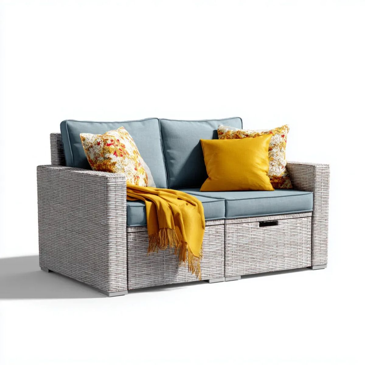 Dwuosobowa sofa ogrodowa z technorattanu ze schowkami, jasnoszara i szaroniebieska, 150 x 75 x 85 cm