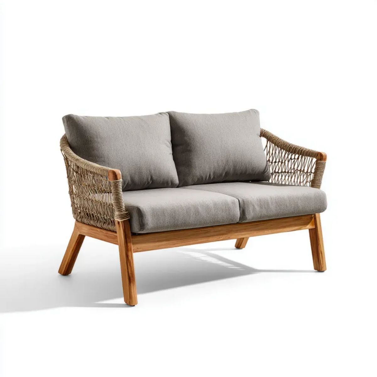 Dwuosobowa sofa ogrodowa z drewna akacjowego i plecionki PE, szara, 135 x 75 x 78 cm