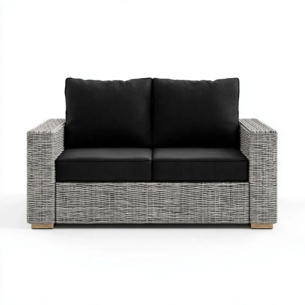 Dwuosobowa sofa ogrodowa z technorattanu, szara z czarnymi poduszkami, 124 x 68 x 80 cm
