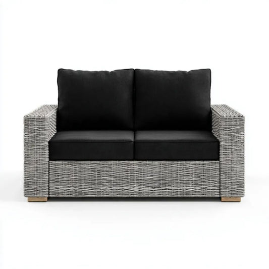 Dwuosobowa sofa ogrodowa z technorattanu, szara z czarnymi poduszkami, 124 x 68 x 80 cm