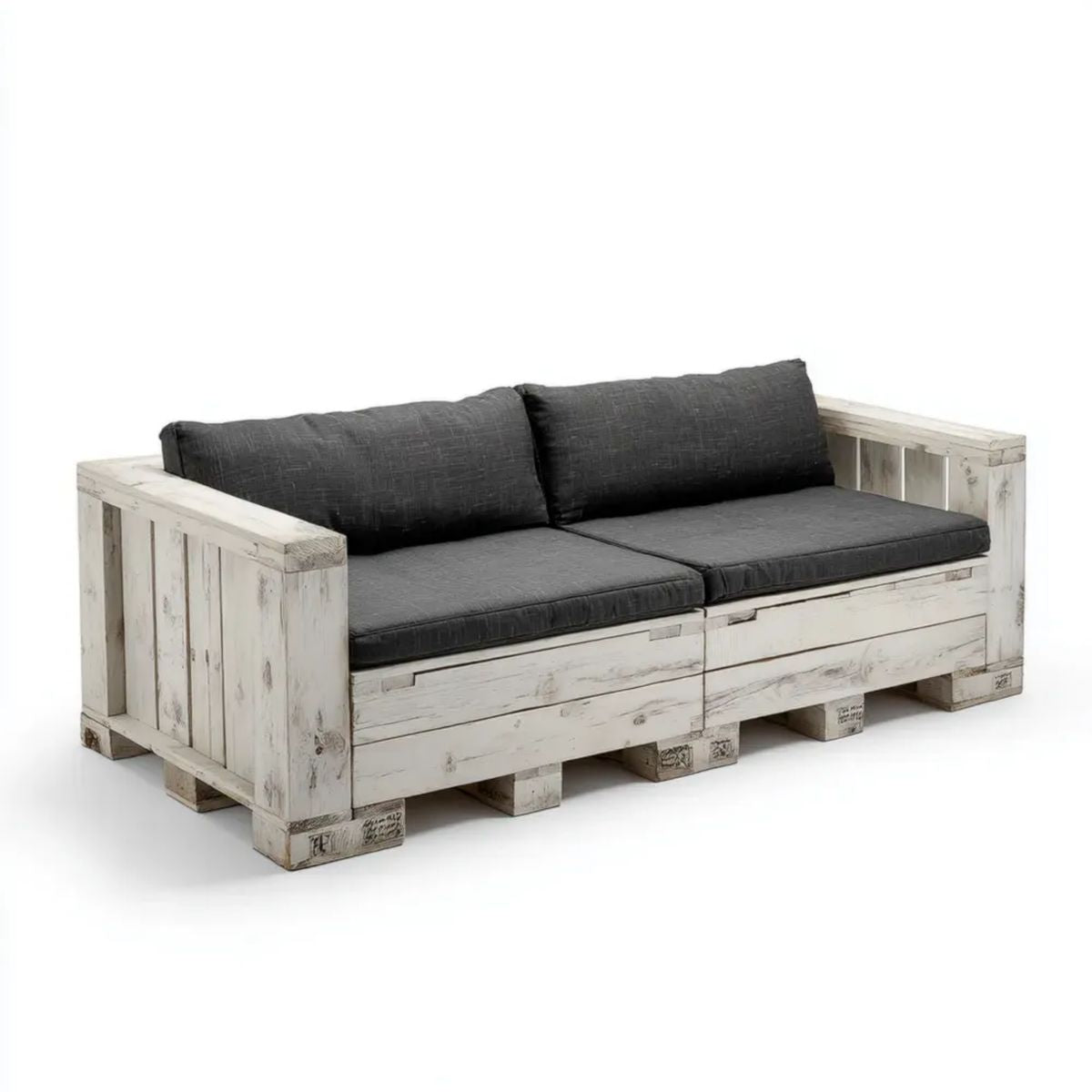 Dwuosobowa drewniana sofa ogrodowa z palet, bielona, z ciemnoszarymi poduszkami, 160 x 80 x 70 cm