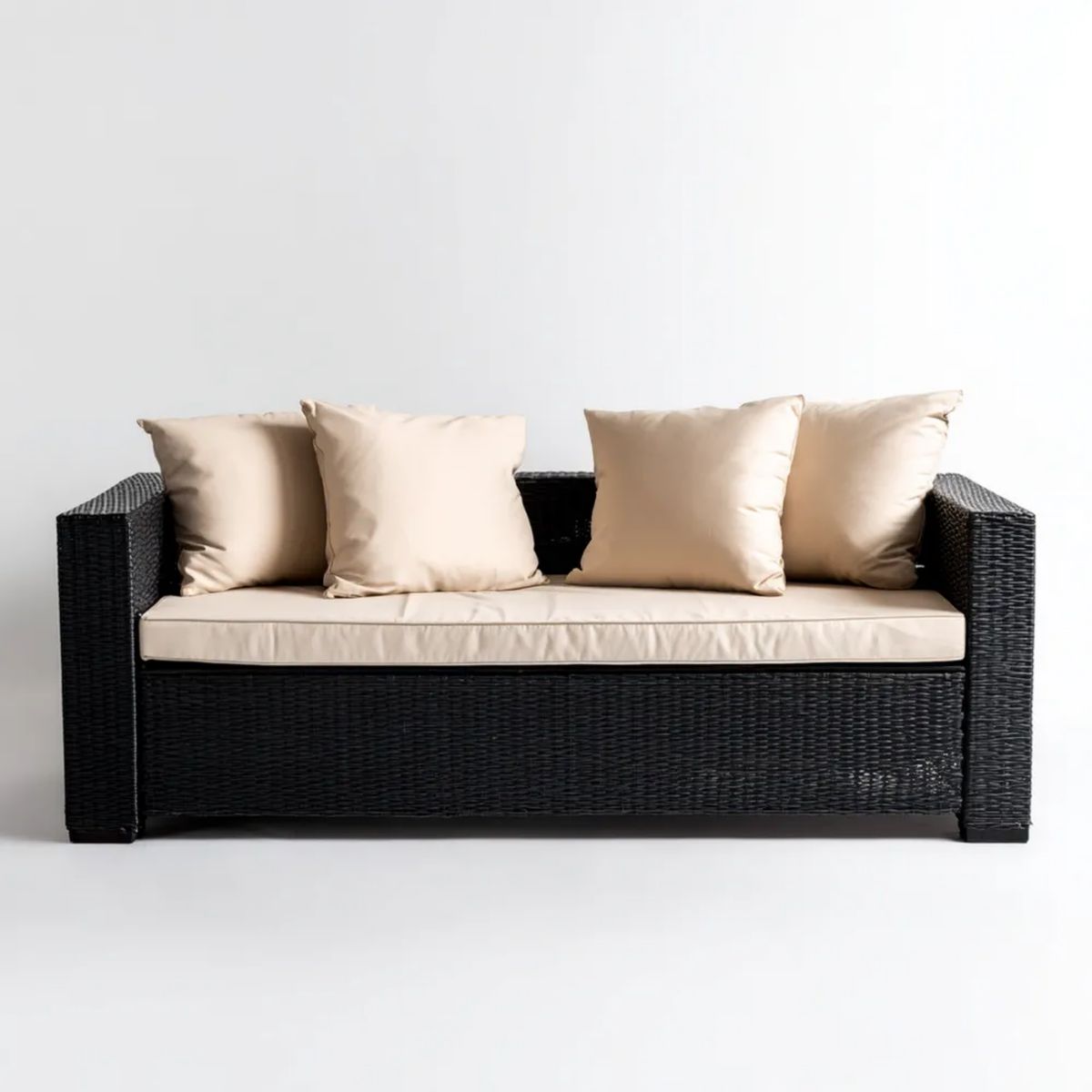 Dwuosobowa sofa ogrodowa z technorattanu, czarna z beżowymi poduszkami, 130 x 70 x 63 cm