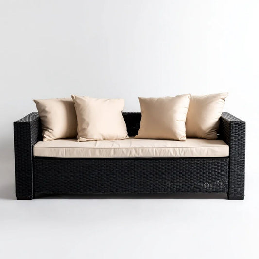 Dwuosobowa sofa ogrodowa z technorattanu, czarna z beżowymi poduszkami, 130 x 70 x 63 cm